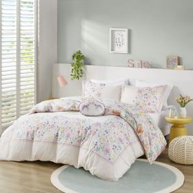 Floral Reversible Cotton Duvet Cover Set with Throw Pillow (Color: as Pic)