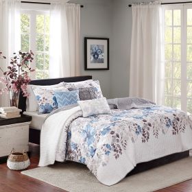 6 Piece Printed Quilt Set with Throw Pillows Blue Full/Queen (Color: as Pic)