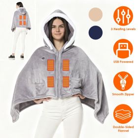 Wearable Heated Throw Blanket Double-Sided Flannel Portable Electric Heating Hoodie For Women Men Machine Washable 3 Heating Levels Battery Opera (Color: Grey)